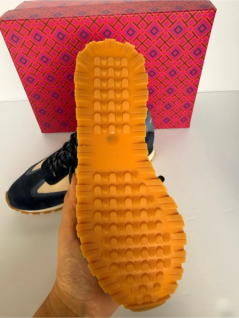 Tory Burch Annie Nylon Runner Sneakers New Cream Tempesta Blue Suede 7.5